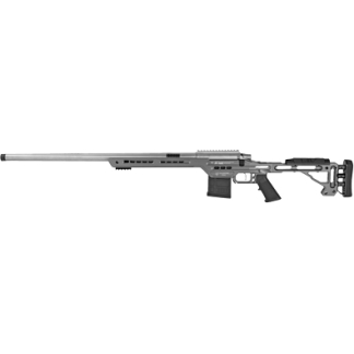 Long-range precision rifle with a long barrel, ergonomic grip, and adjustable stock.