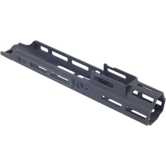 Gray modular rifle handguard with rectangular M-LOK slots and mounting holes at the ends