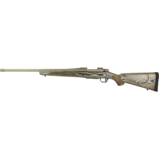 Bolt-action hunting rifle with a wooden stock and long barrel, shown in side view.