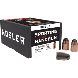 Nosler Sporting Revolver handgun ammunition box (.44 Cal, 240 gr JHP) with two copper bullets and a cartridge.