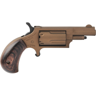 Close-up side view of a brown revolver with a wooden grip, showing the hammer, trigger, and exposed cylinder (engraved marking visible).
