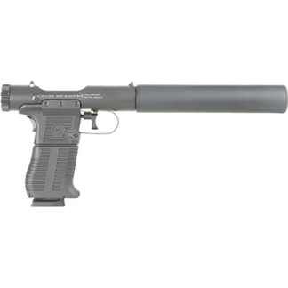 Semi-automatic pistol with a long cylindrical suppressor attached, shown from the left side.