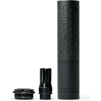 Black cylindrical device with a textured grip standing upright, accompanied by two detachable end pieces; likely a modular accessory or cartridge.