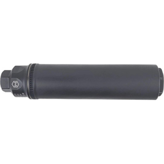 Black cylindrical rifle suppressor with mounting threads at the front and a knurled end cap on the left