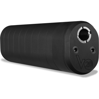 Close-up of a black cylindrical tool with a ridged grip and a metal bearing at the end, marked 'V20'.