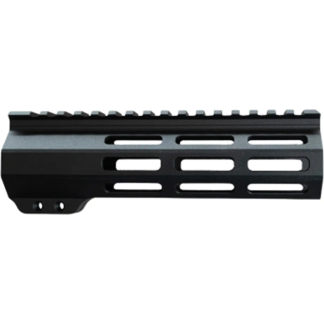 Black free-floating rifle handguard with top Picatinny rail and slotted sides for accessory mounting