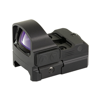 Compact black red-dot reflex sight with protective hood and lens, used as an aiming device on firearms.