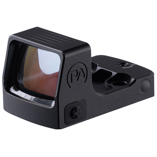 Compact black reflex red-dot sight with a square lens and rail-mount base, used for firearm aiming