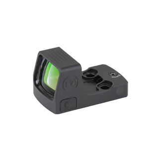 Compact black red-dot reflex sight with a green-tinted lens, shown from a side/top angle.