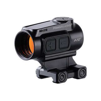 MD-21S Primary Arms red dot sight with mounting rail and orange-tinted objective cap