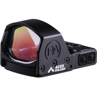 Black red dot sight for a firearm with a tinted optic lens and PA logo, labeled ACCS VULCAN on the side.