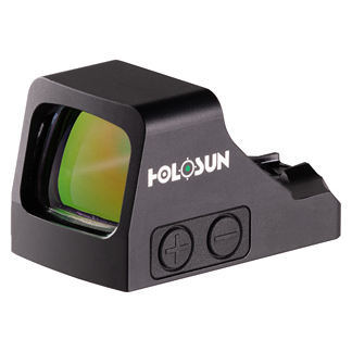 Black Holosun reflex red dot sight with a green-tinted lens and two adjustment dials on the side, a compact firearm optic.