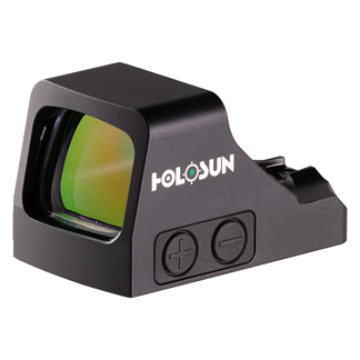 Holosun red dot reflex sight mounted on a compact optic body with lens and adjustment buttons on the side