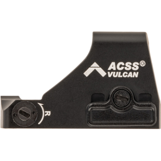 Black ACSS Vulcan rifle optic mount piece with an 'R' index mark, a small curved metal block used for attachment.