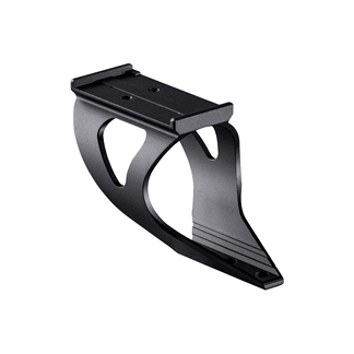 Black metal mounting clamp with a curved arched body and a flat rectangular plate on top; a bracket used to secure equipment to a rail or bar.