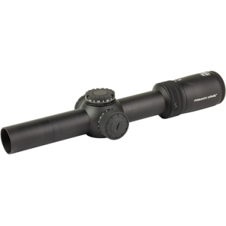Black rifle scope with two adjustment knobs and matte finish, viewed from the side on a white background.