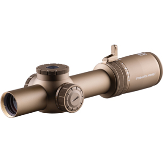 Tan riflescope with adjustable turrets and lens caps, labeled Primary Arms, shown in side view on a white background.