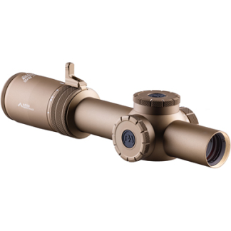 Bronze rifle scope with two adjustment turrets and lens ends, used for aiming on a firearm