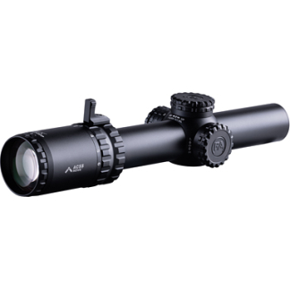 Black rifle scope with textured adjustment dials, long matte body, and a large front lens.