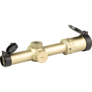 Gold-colored rifle scope with flip-up lens caps and adjustment knobs
