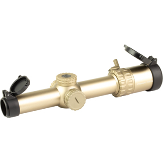 Bronze rifle scope with open lens caps and visible adjustment dials for aiming assistance.