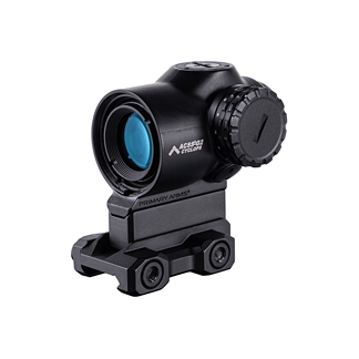 Compact black red-dot sight mounted on a rail, with a blue-tinted lens and a large right-side adjustment dial.