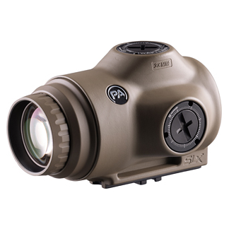 Bronze compact rifle red dot sight with front lens and side adjustment dial, used for aiming on a firearm rail.
