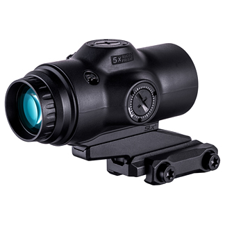 Red dot rifle scope with quick-m-release mount attached to a Picatinny rail system, showing lens and adjustment turret caps