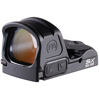 Compact reflex red dot sight with protective hood mounted on a rail for firearms