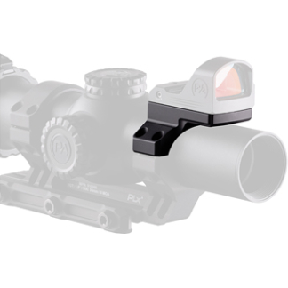 Close-up of a rifle scope with a red dot sight mounted on a Picatinny rail.