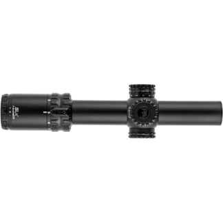 Black riflescope with adjustment turrets and lens, used for precision aiming on a firearm; shown horizontally on a white background.