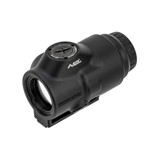 Compact black rifle scope/magnifier optic mounted on a rail, featuring an adjustment dial on top for aiming and target alignment.