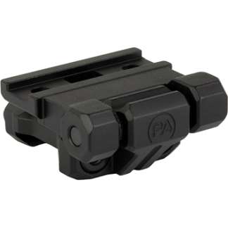 Black quick-detach firearm optic mount with a Picatinny rail on top and clamping levers on the sides.