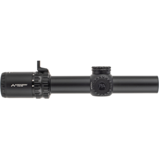 Black rifle scope with an eyepiece on the left and a central adjustment turret on a long cylindrical tube.