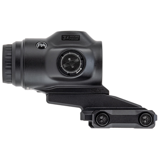 Compact black 3x rifle optic with adjustment dial, attached to a two-screw Picatinny rail mount.