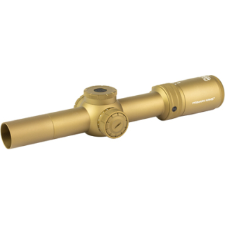 Gold-colored rifle scope with adjustable turrets and magnification, used for precision aiming on firearms.
