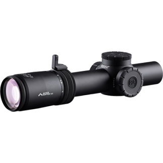 Black riflescope with adjustable turrets and large objective lens, shown on a white background.