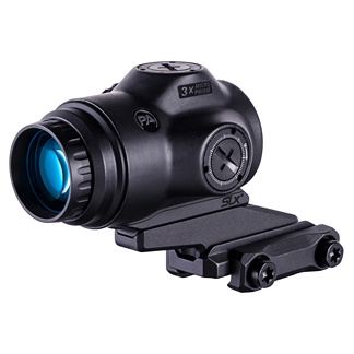 Compact black red dot sight with a 3x magnifier mounted on a Picatinny rail, blue-tinted objective lens visible