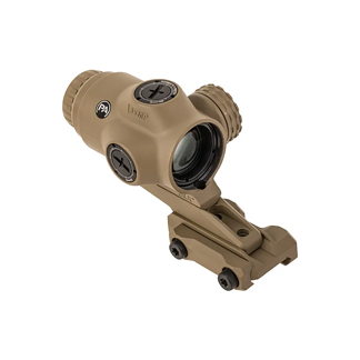 Tan tactical rifle optic with side and top adjustment dials and a bottom mounting rail for a firearm.