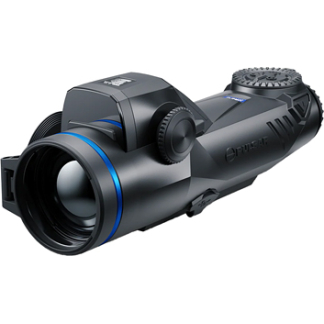 Black tactical riflescope with a large front lens, side knob adjustments, and built-in sight for aiming and rangefinding.