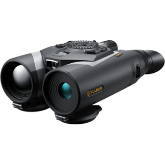 Pulsar dual-eye night-vision binoculars with two objective lenses and central control dial.