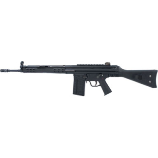Profile view of a black modern assault rifle with a detachable magazine and adjustable stock.