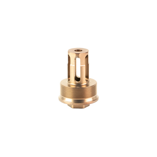 Gold-colored vape coil head with a threaded base and vertical slot openings, a component used to heat e-liquid in a tank.