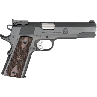 Right-side profile of a Springfield Armory 1911 semi-automatic pistol with a gray metal frame and brown checkered wood grips.