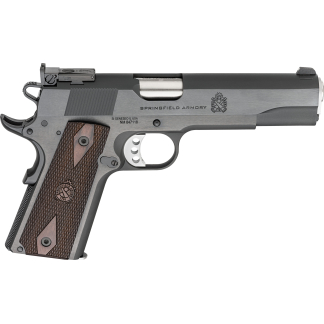 Side view of a Springfield Armory 1911-style semi-automatic pistol with textured wooden grip and satin steel finish