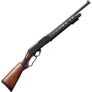 Pump-action shotgun with wooden stock and black metal barrel on a white background.