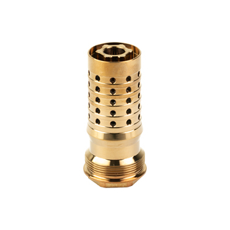 Brass multi-hole spray nozzle/adapter with a threaded base, designed for use with a garden hose.