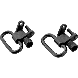 Two black metal quick‑release strap anchors with D‑rings, shown side by side on a white background.