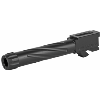 Black tactical muzzle device or barrel attachment with ribbed surface and integrated rail section on a white background.