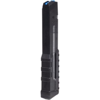 Black handgun magazine with a blue follower and a transparent window showing remaining rounds.